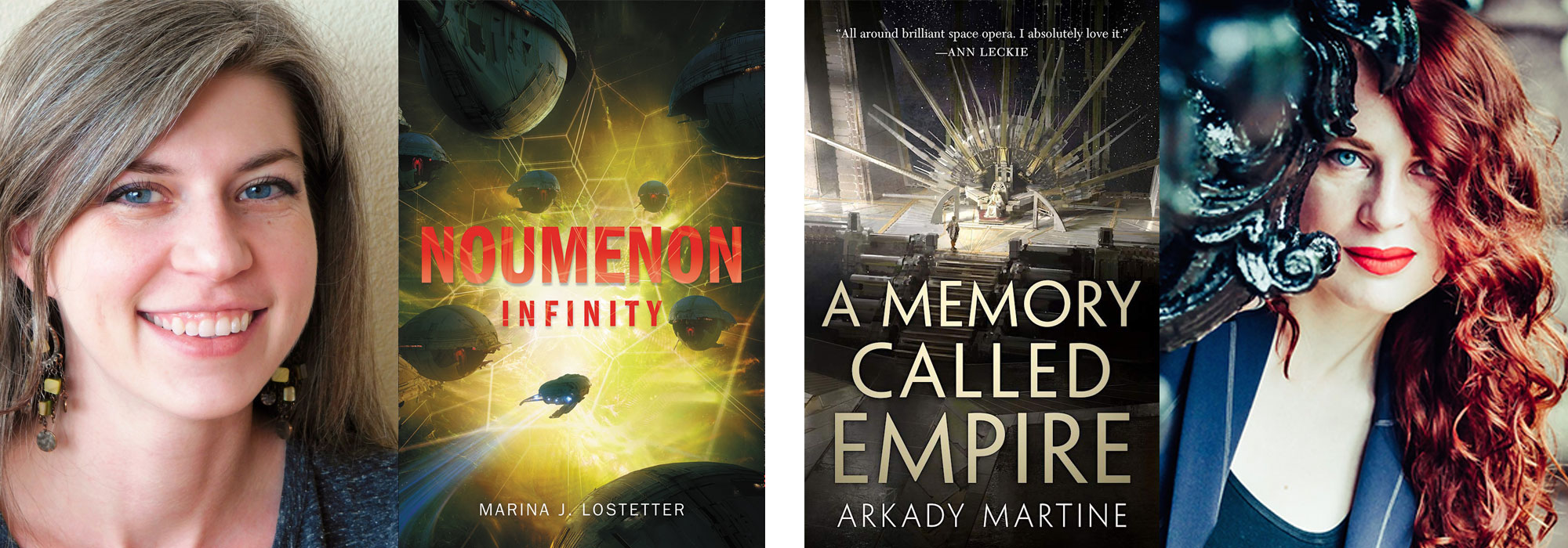 headshots of lostetter & martine, and book covers for Noumenon Infinity and A Memory of Empire