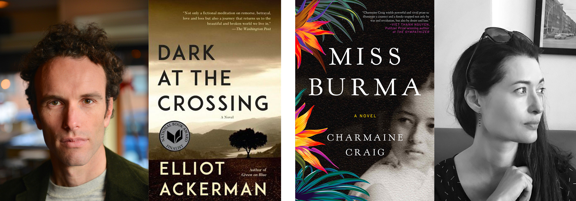headshots of ackerman & craig, and book covers for Dark at the Crossing and Miss Burma