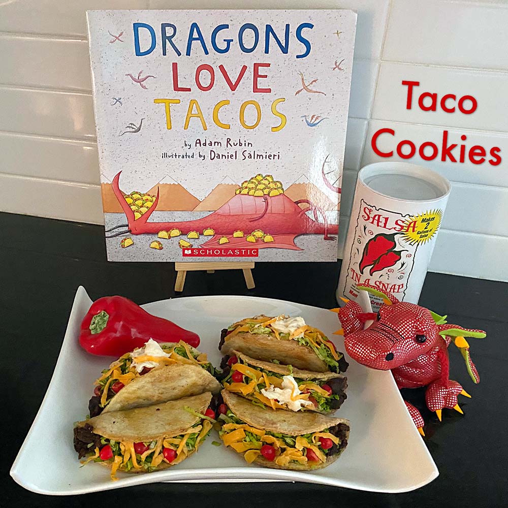 Taco Cookies - sugar, cinnamon, butter, tortillas (taco shell); brownies (meat); green food coloring, coconut (lettuce); red jelly beans (tomatoes); orange rolled Starburst (cheese); cream cheese frosting (sour cream).