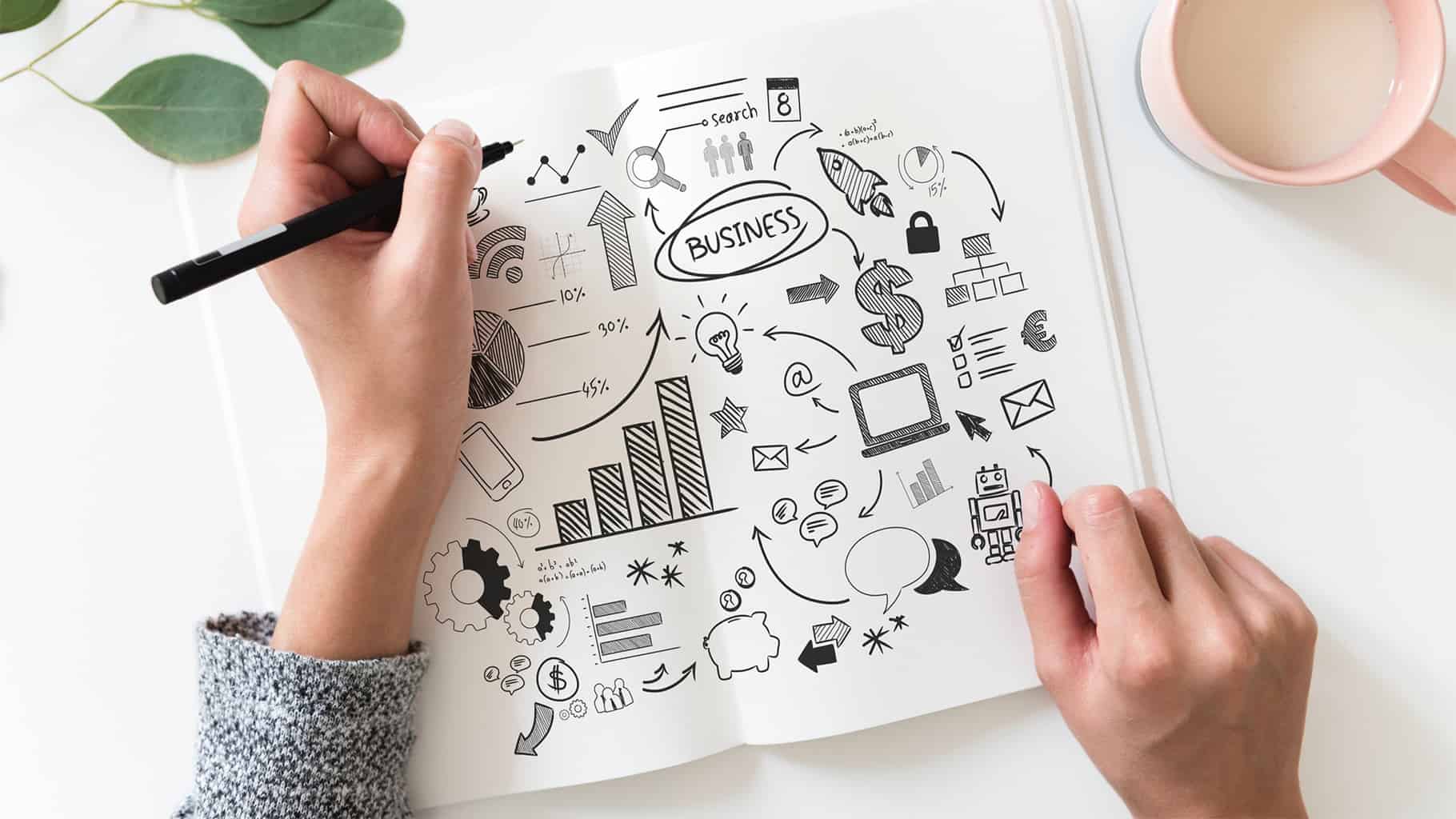 a notebook where someone is planning a business with a series of sketches