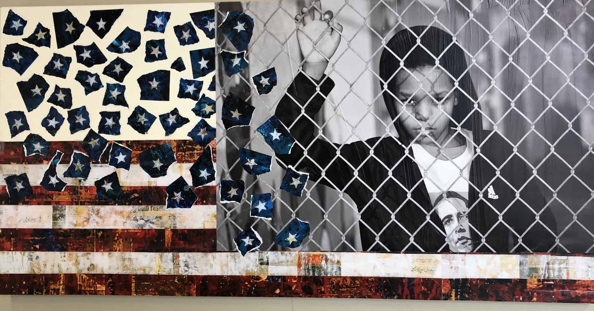 Art collage photo with boy and flag