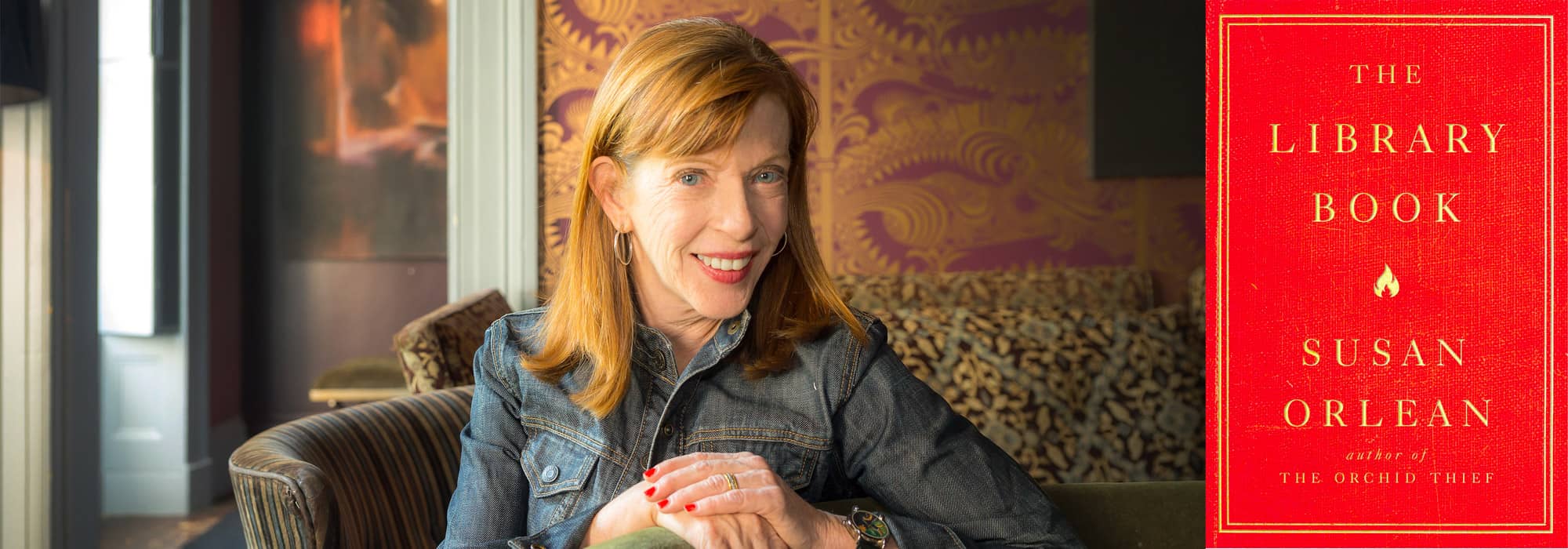 a photo of Susan Orlean, by Noah Fecks, and the cover of The Library Book