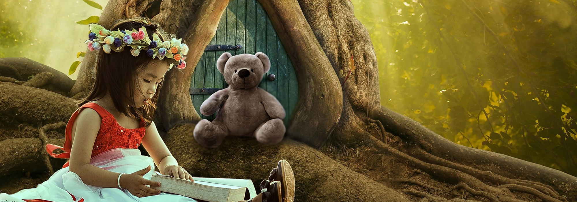 a girl reading with a teddy bear