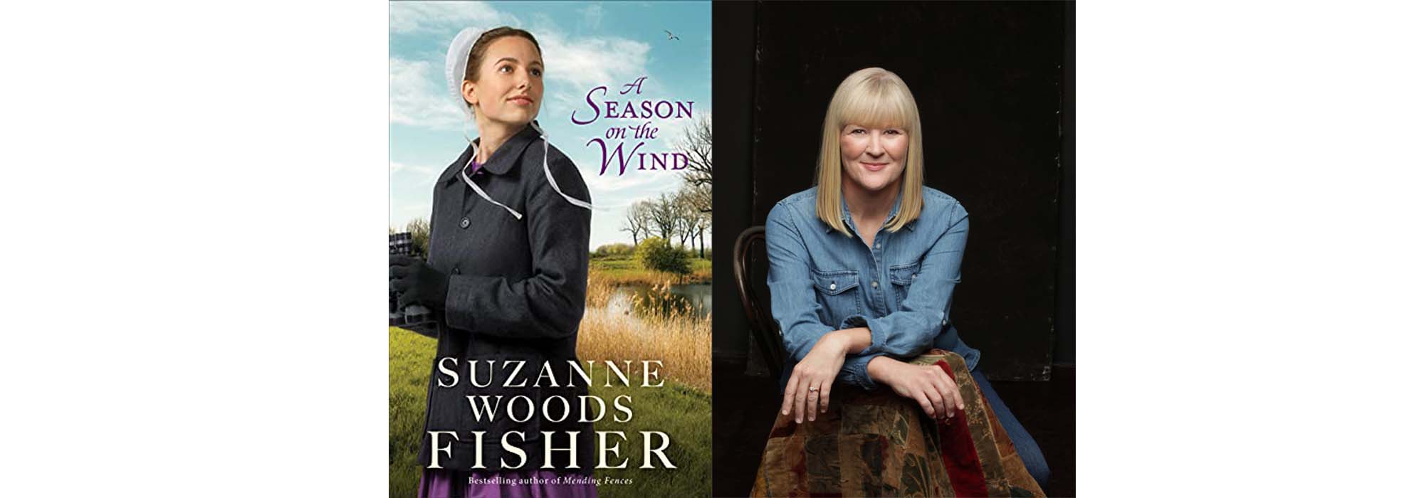 Suzanne Fisher Woods and the book cover for A Season on the Wind
