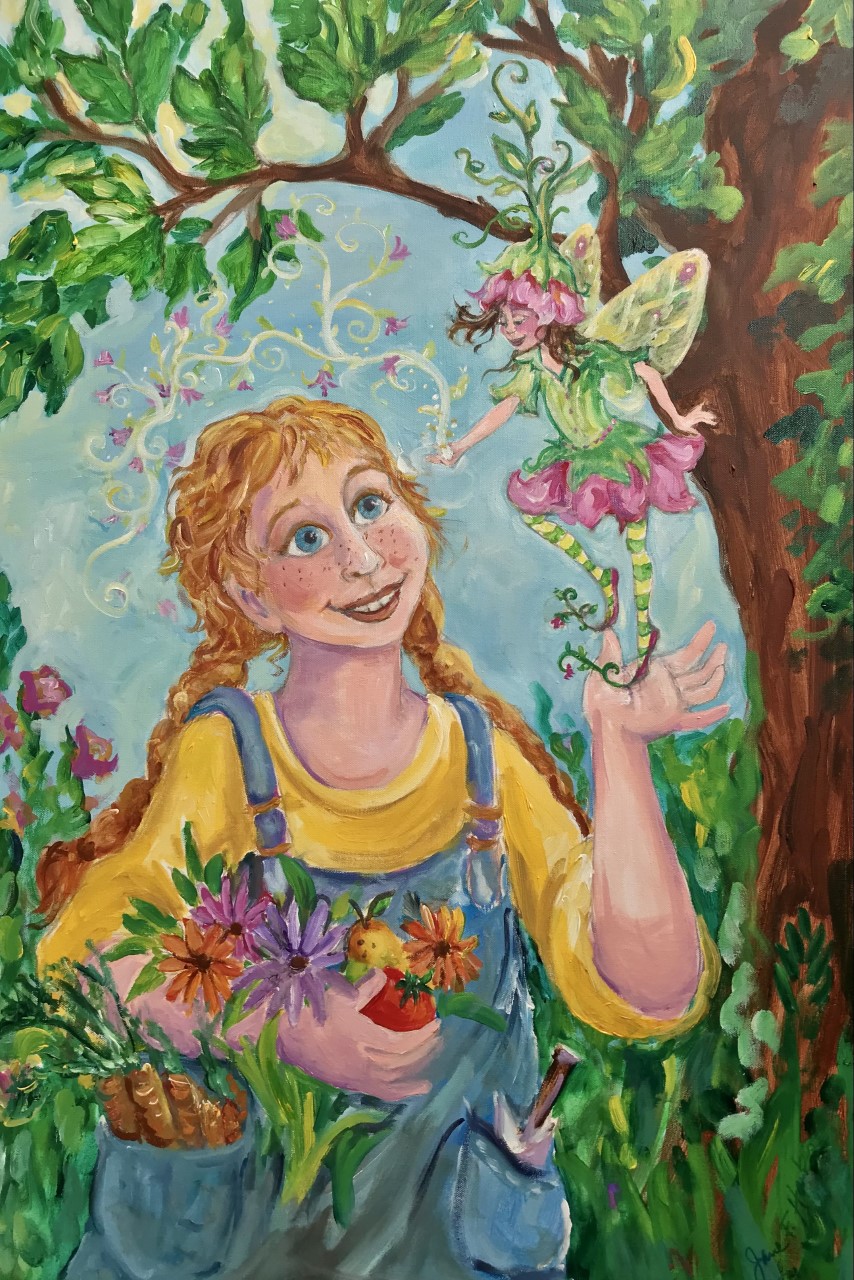 Freckled girl with long braids holding flowers and vegetables looks at a fairy above her head