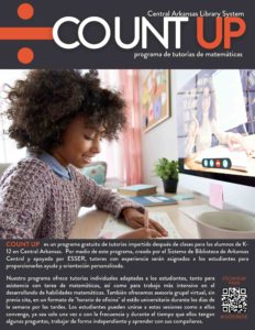 Header reads Count UP math tutoring program. Image is a child holding pencil and paper sitting in front of a computer screen for online tutoring.