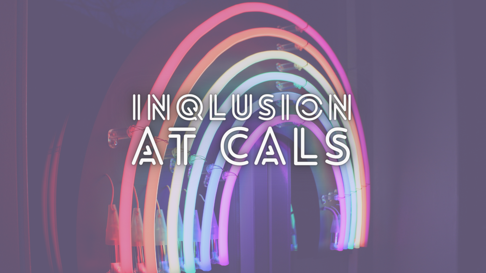 a neon light up rainbow with the words "inclusion at CALS" displayed infront. The C in "inclusion" has been replaced with a Q