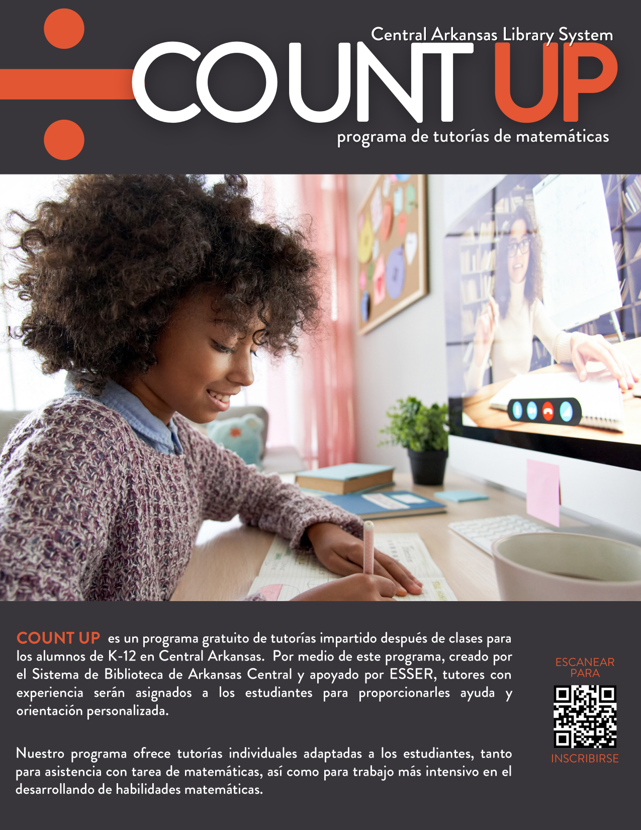 Header reads Count UP math tutoring program. Image is a child holding pencil and paper sitting in front of a computer screen for online tutoring.