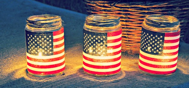 Flag lanterns made from recycled jars,