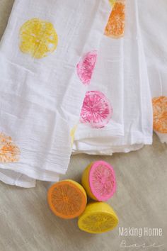 fruit stamped tea towel