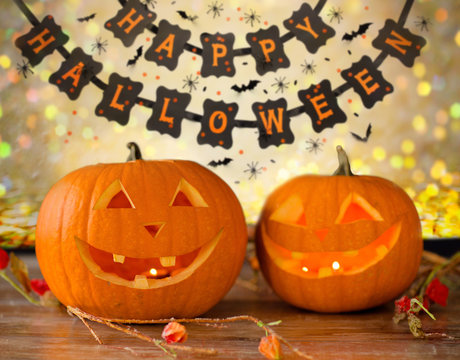 Jack-o-lanterns with Happy Halloween banner